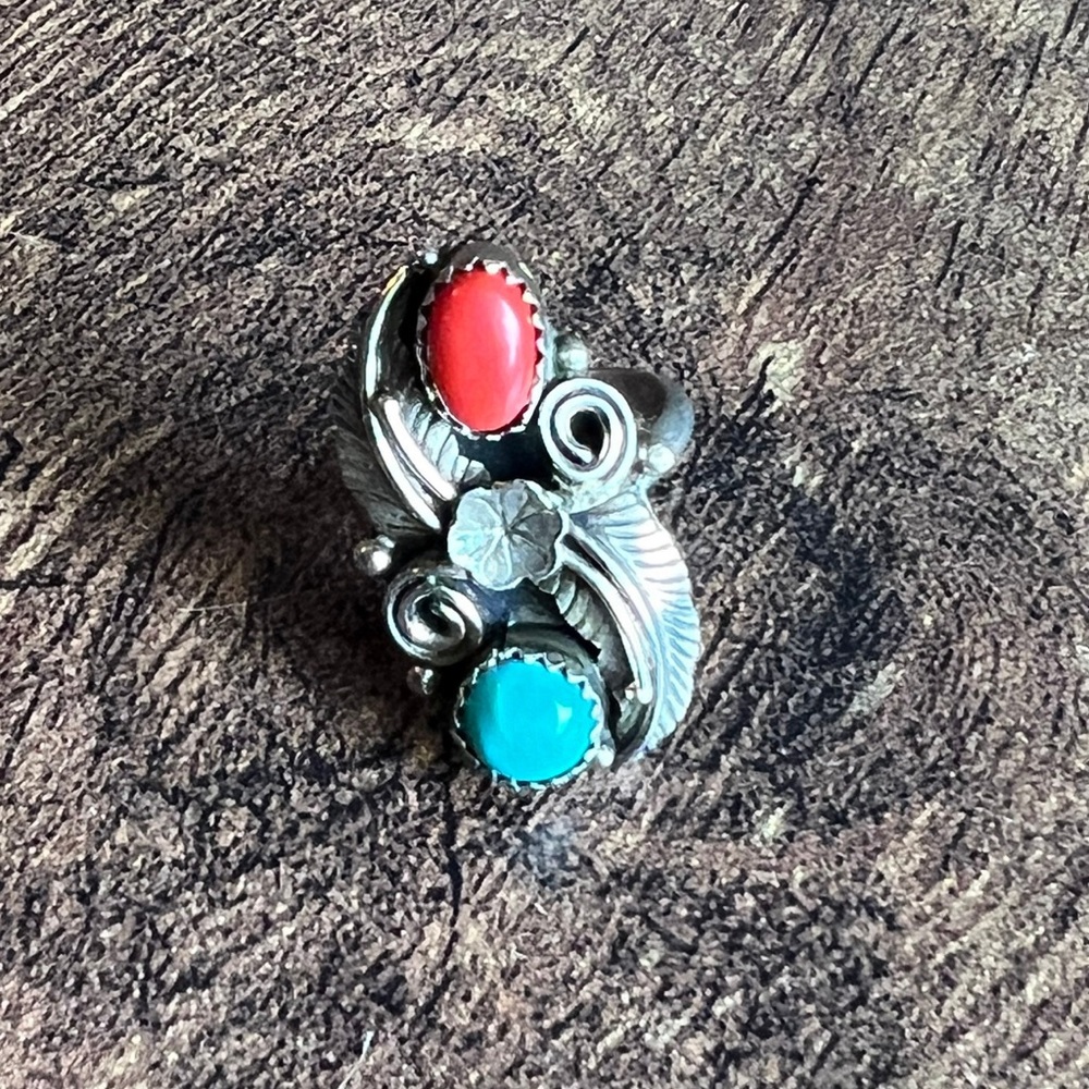 Coral and turquoise western style ring